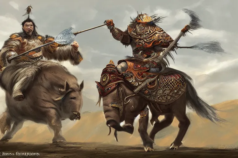 Image similar to a mongolian warrior riding a boar, fantasy concept art