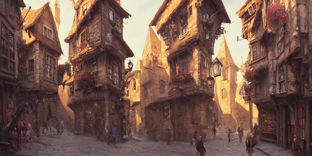 Prompt: a busy fantasy street within a fascinating old city, quirky shops, narrow streets, old buildings, cobblestones, stone steps, street life, by Sylvain Sarrailh, cinematic, simple but effective composition, clean lines, beautiful digital painting, oil painting, detailed, dungeons and dragons, lord of the rings