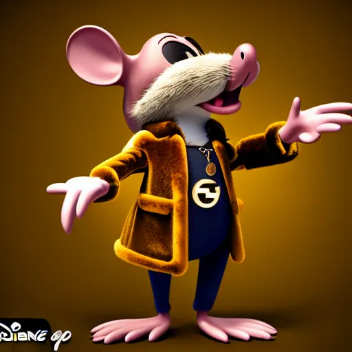 Prompt: 3d anthropomorphic rat, disney pixar, holding pistol, velvet, fur coat, high quality, golden necklace, fendi, high fashion