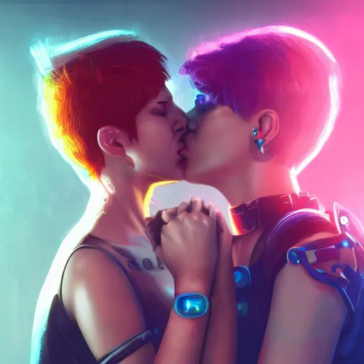 Image similar to cyberpunk lesbians kissing, 4k, trending on artstation