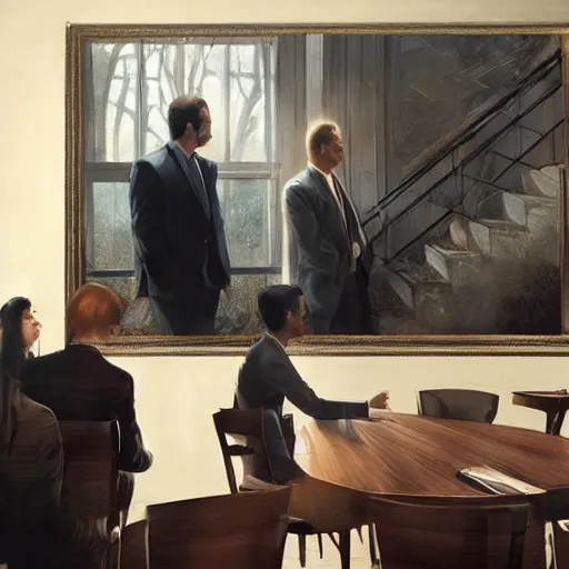 Prompt: epic masterpiece of cinematographic hyperrealism where a business meeting appears. realistic shaded lighting poster by craig mallismo, artgerm, jeremy lipkin and michael garmash, unreal engine, radiant light, complex detailed environment, digital art, art station trends