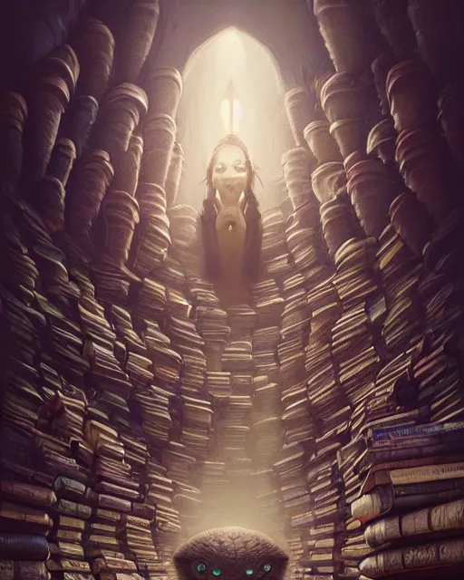 Image similar to highly detailed surreal vfx portrait of a creepy monster in a catacomb of books, stephen bliss, unreal engine, greg rutkowski, loish, rhads, beeple, makoto shinkai and lois van baarle, ilya kuvshinov, rossdraws, tom bagshaw, alphonse mucha, global illumination, detailed and intricate environment