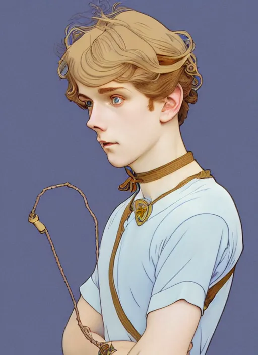 Image similar to art nouveau portrait of a pretty young man with short light brown straw blond hair, light blue eyes, sad expression, scared, head down, shy and demure, wearing a choker collar, natural lighting, path traced, highly detailed, high quality, cartoon, digital painting, by don bluth and ross tran and studio ghibli and alphonse mucha