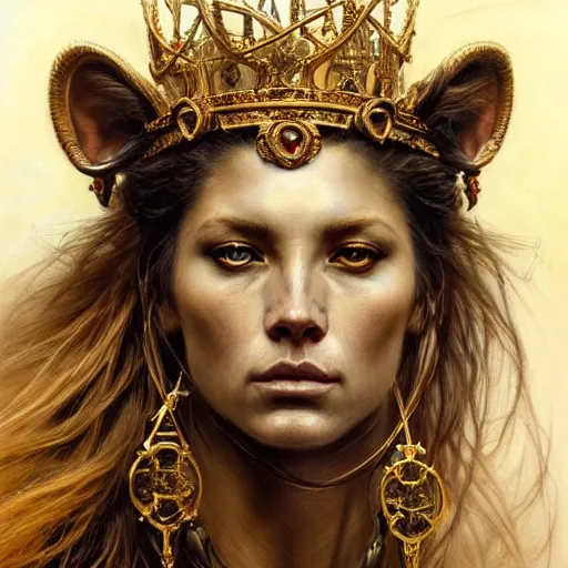 Image similar to highly detailed portrait of a majestic lioness queen in the form of a beautiful woman. d & d. art by donato giancola, eugene delacroix, ruan jia, bastien lecouffe - deharme. trending on artstation, intricate details, energetic composition, golden ratio, concept art, illustration, elegant art, global illuminaition