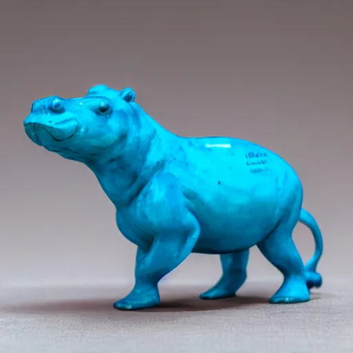 Prompt: small hippopotamus sculpture on a desk with bottom part and legs made out of wood and back and top part out of blue epoxy sculpture, mix, decorative small, 3 5 mm macro photography, studio