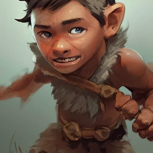 Image similar to Jake the 12 year old boy from the stone age,detailed face, cute face,epic,by rossdraws and greg rutkowski,wearing cave man clothes, concept art,