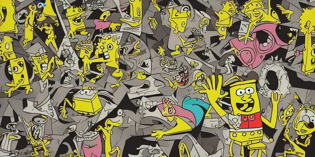 Image similar to “SpongeBob in the style of Guernica, trending on artstation, 8k, highly detailed”