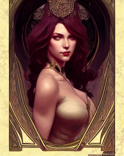 Image similar to beautiful sensual dark queen of the salvia art nouveau, D&D, fantasy, intricate, elegant, highly detailed, digital painting, artstation, concept art, matte, sharp focus, illustration, hearthstone, art by Artgerm and Greg Rutkowski and Alphonse Mucha