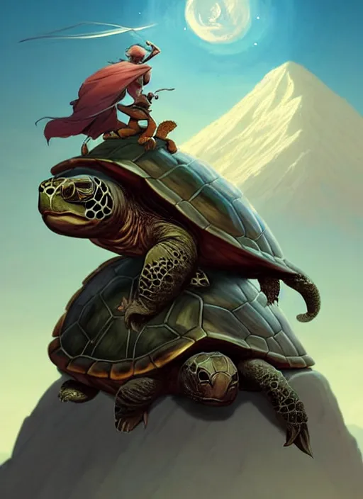Image similar to character portrait of The tallest mountain topped by a cat riding a gigantic turtle, with another cat riding a large turtle atop the mountain. By Greg Rutkowski. cute beautiful attractive detailed. Character design by charlie bowater, ross tran, artgerm, and makoto shinkai, detailed, inked, western comic book art