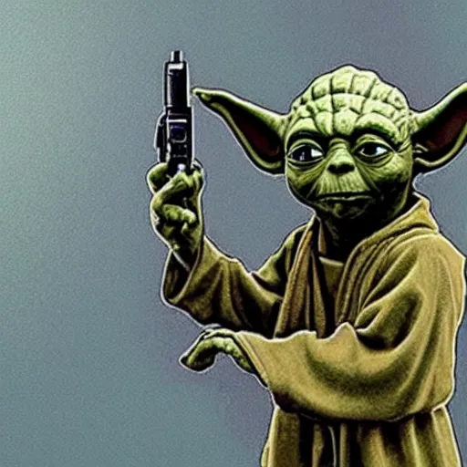 Prompt: Yoda holding a Glock 18