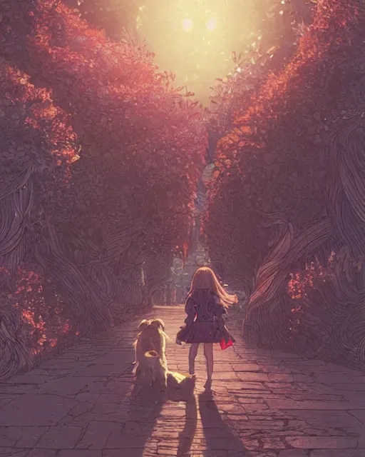 Image similar to a girl walking her small dog at the park, full shot, ambient lighting, detailed face, art by ayami kojima, makoto shinkai, kilian eng