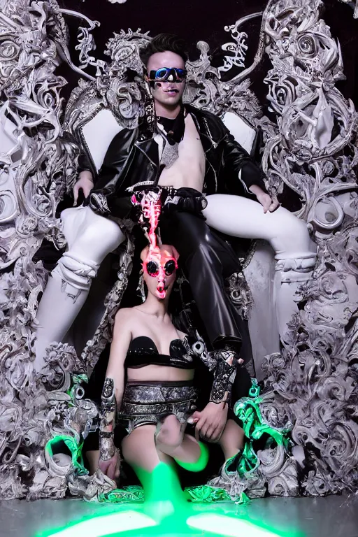 Image similar to full-body rococo and cyberpunk style neon statue of a young attractive Tanner Buchanan wearing cholo shades macho android sim roupa reclining con las piernas abertas, glowing white lasers, glowing eyes, white prince crown, black gears, diamonds, swirling mint-colored silk fabric. futuristic elements. full-length view. human skulls. large intricate artwork by caravaggio. Trending on artstation, octane render, cinematic lighting from the right, hyper realism, octane render, 8k, depth of field, 3D