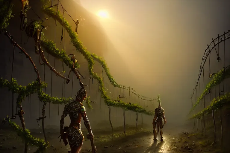 Prompt: a walking ancient city mounted on mechanical legs, vines, hyperrealistic, highly detailed, cinematic, single ray of sun, fog, beautiful, cgssociety, artstation, 8 k, oil painting