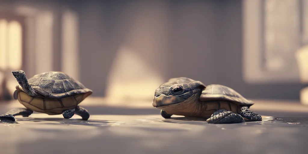 Prompt: a photo of 8k a cute turtle drinking a cup of tea, cinematic lighting, trending on artstation, 4k, hyperrealistic, focused, extreme details, unreal engine 5, cinematic, masterpiece