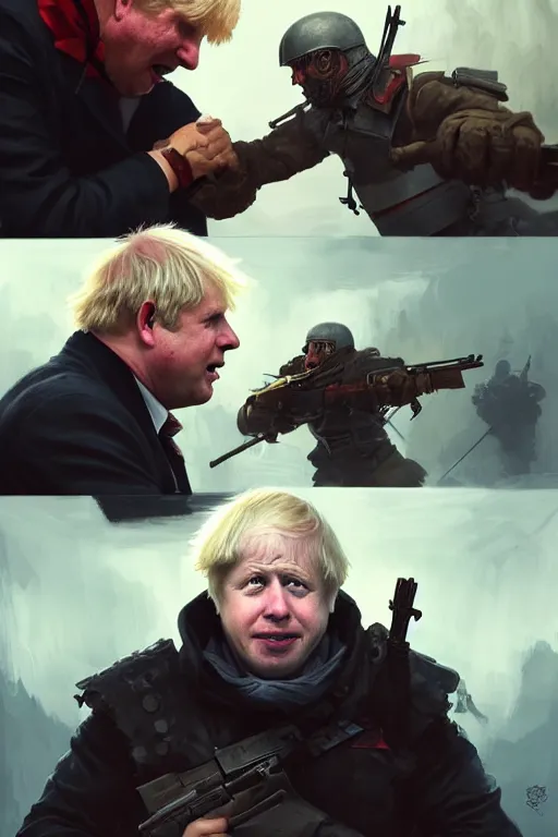 Image similar to aggressive Boris Johnson vs scared Putin, face to face staring, civil war style, highly detailed, digital painting, artstation, concept art, smooth, sharp focus, illustration, cinematic lighting, art by artgerm and greg rutkowski and alphonse mucha