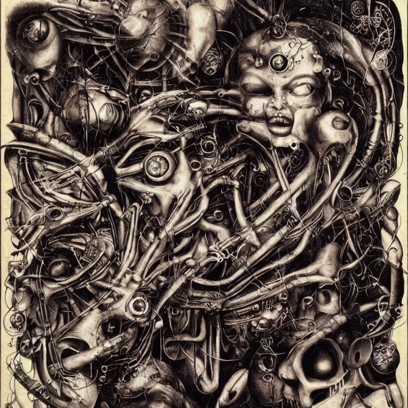 Prompt: post - punk pop techno new age album cover, asymmetrical design, alien? magic, apocalypse, psychedelic, highly detailed, black white pink, magic, giger h. r., giuseppe arcimboldo