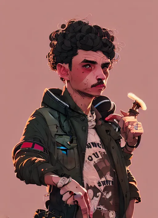 Prompt: highly detailed portrait of a sewer punk guy worker, thirties, black hair, brown eyes, small mustache, tartan hoody, short curly hair by atey ghailan, by greg rutkowski, by greg tocchini, by james gilleard, by joe fenton, by kaethe butcher, gradient pink, brown, light blue and white color scheme,