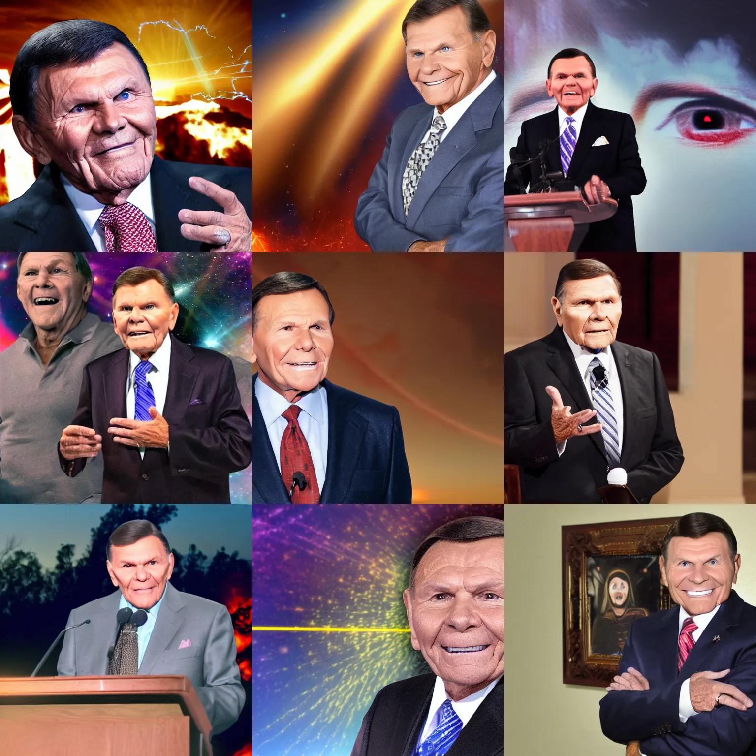 Prompt: high quality photo of christian televangelist kenneth copeland with laser eyes, background is fire of hell