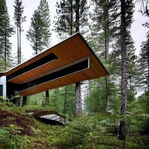 Image similar to a modern house in the woods. the house is the shape of a mobius strip with large picture windows. there are pine trees all around.