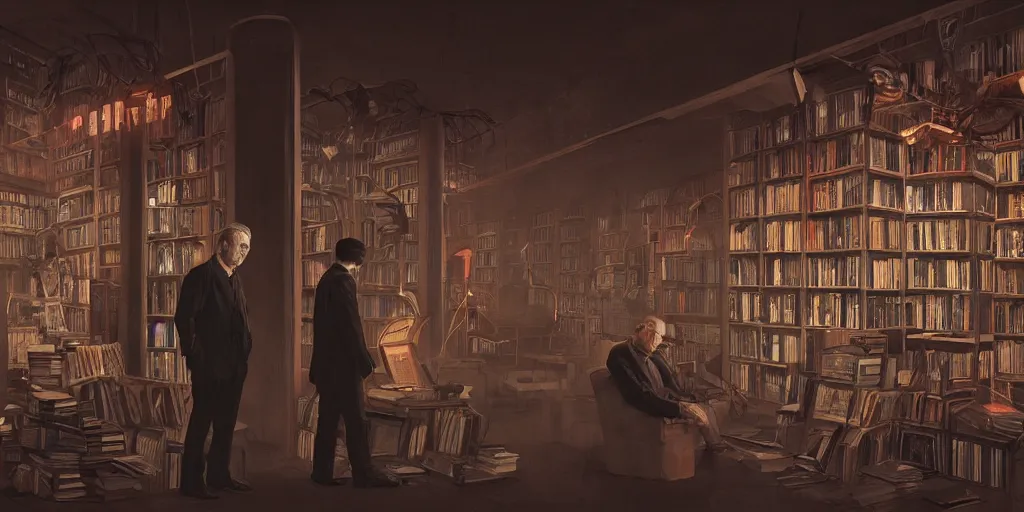 Prompt: cinematic shot of the portrait of an jorge luis borges and an old franz kafka as owners of a bookstore full of books, dystopian future, neon lights, sci - fi, night lights, haze, concept art, intricate, in the style of katsuhiro otomo, akira, unreal engine