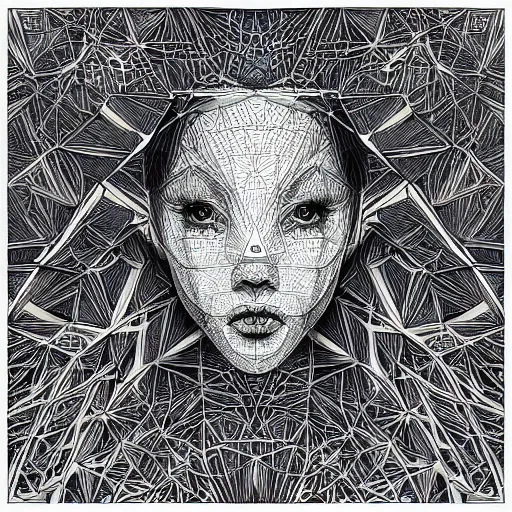 Image similar to Geometrically surreal Artificial Intelligence extremely high detail, photorealistic, intricate line drawings, dotart, album art in the style of James Jean