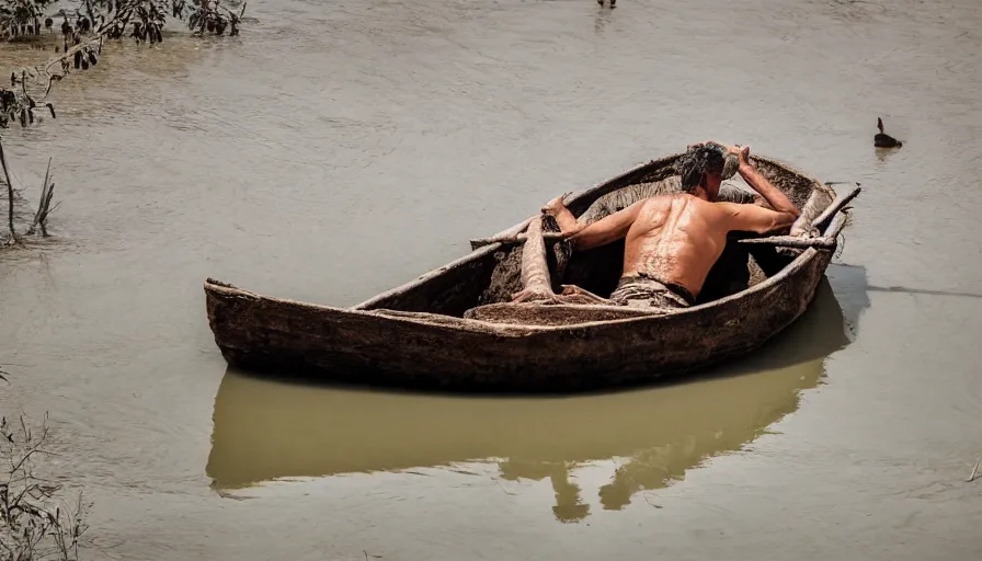 Image similar to a man in a organic barque on a mud river, leica sl 2 technicolor, heavy grain, high quality, high detail