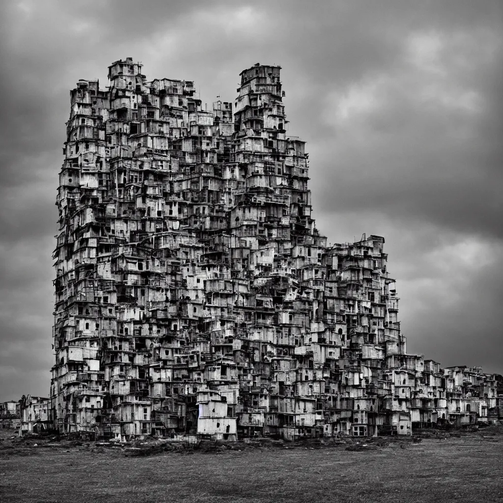 Prompt: many high towers, made up of makeshift squatter shacks with bleached colours, dystopia, hasselblad x 1 d, moody sky at the back, fully frontal view, very detailed, ultra sharp, photographed by michael kenna