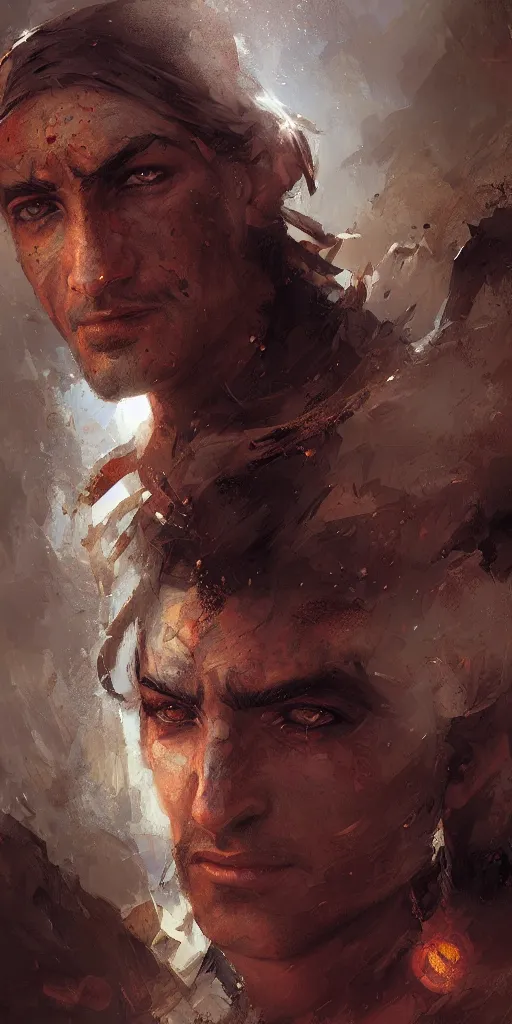 Prompt: prince of persia warrior within face portrait by greg rutkowski and craig mullins