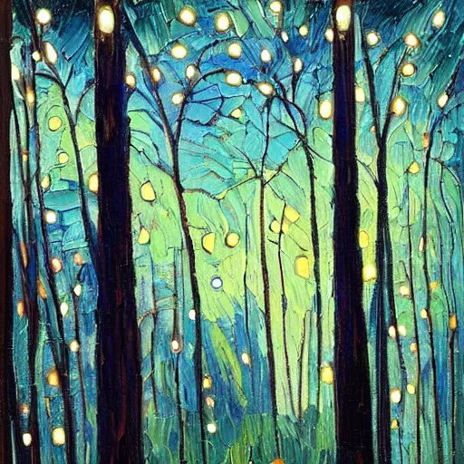 Image similar to forest at night with floating lights by Erin Hanson