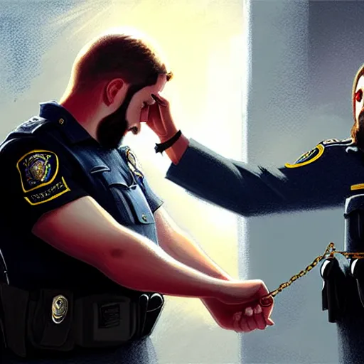 Image similar to jesus christ is placing handcuffs on a police officer, style of greg rutkowski