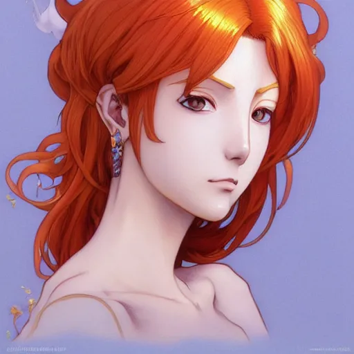 Image similar to intricately detailed vfx portrait of nami from one piece by eiichiro oda, makoto shinkai, alphonse mucha, art by artgerm and greg rutkowski, best of behance, concept art, matte, sharp focus, orange hair, elegant, adolphe bouguereau, annie leibovitz, stanley kubrick,