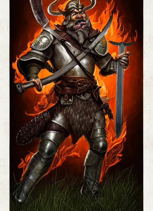 Prompt: strong young man, photorealistic bugbear ranger holding a flaming sword, black beard, dungeons and dragons, pathfinder, roleplaying game art, hunters gear, jeweled ornate leather and steel armour, concept art, character design on white background, by alan lee, norman rockwell, makoto shinkai, kim jung giu, poster art, colours red and green