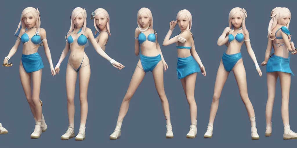 Prompt: character sheet of pool party lux (league of legends), action poses, 3d render, octane render, 4K, highly detailed