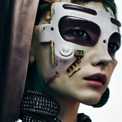 Prompt: vogue magazine head and shoulders portrait photo of a cyberpunk samurai