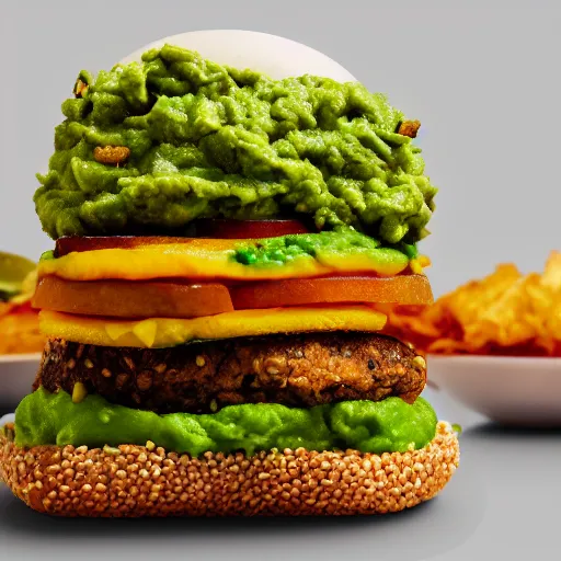 Image similar to vegan hamburger with guacamole and crispy fried onion and fried egg toppings, crispy buns, 8 k resolution, studio lighting, sharp focus, hyper - detailed