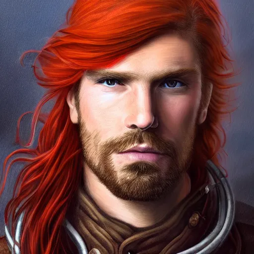 Image similar to portrait of a rugged!!!! male captain with long red hair!!!!!!, upper body, flowing hair, ethereal, handsome, leather coat, Steampunk zeppelin!!!!!!!, D&D, fantasy, simple clothing!!!!, elegant, highly detailed, digital painting, deviantart, artstation, concept art, sharp focus, illustration, art by Artgerm and Greg Rutkowski and Alphonse Mucha