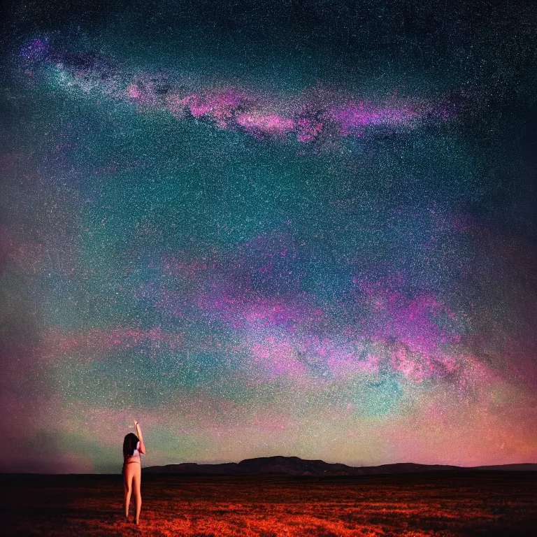 Prompt: a beautiful landscape of a starry sky with an beautiful woman waving to the horizon, cinematic, dramatic, color grading, photojournalism, colorful, highly detailed
