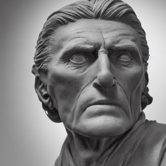 Image similar to photography of a bust of old Kirk Douglas made of clay by Sebastian Kruger and Michelangelo, 50mm, studio atmosphere, 8K, rim light, octane render, ultra-realistic