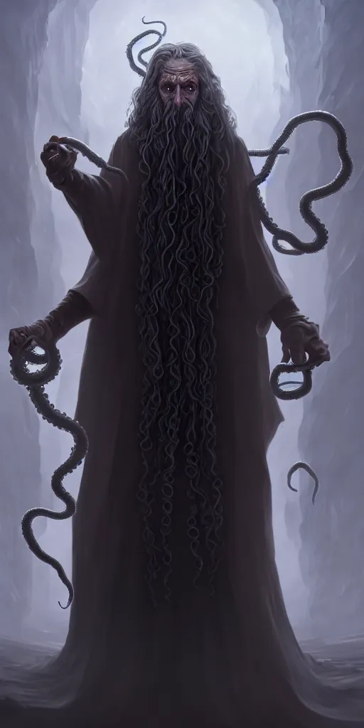 Image similar to a wizard that is slowly transforming into a tentacle monster, matte oil painting, concept art, d & d, robes, fantasy, fog, sharp focus, eldritch, award - winning, extremely detailed, 4 k, 8 k