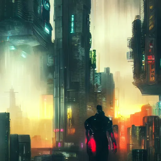 Image similar to Cyberpunk city, street vendors, citizens, augmented cyborgs, Blade Runner, Ghost in the Shell, Neuromancer, robots, skyscapers, buildings, clouds, sunset, painted by seb mckinnon, high detail, digital art, trending on artstation