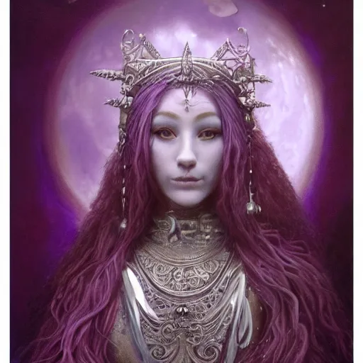 Prompt: painting of priestess of the moon, silver filigree armor and tiara, moon above head, purple wavy hair, smooth translucent skin, wide striking eyes, beautiful! coherent! symmetrical body, by brom, by brian froud, strong line, high contrast, muted color, preraphaelite style, 4 k, trending on artstation