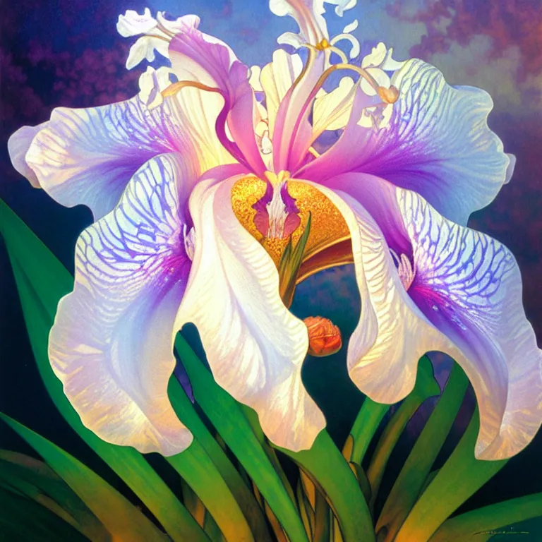 Image similar to detailed giant white holographic orchid iris hybrid flower, lsd water, lsd ripples, droplets, backlit, sunset, refracted lighting, art by collier, albert aublet, krenz cushart, artem demura, alphonse mucha