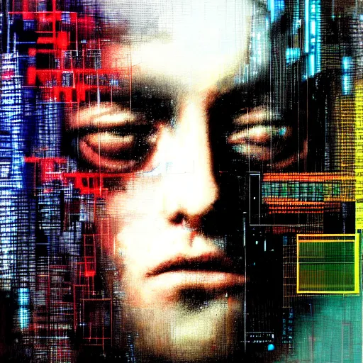 Image similar to hyperrealistic portrait of a cyberpunk character, digital ui, by Guy Denning, Johannes Itten, Russ Mills, glitch art, hacking effects, glitch effects, digitial tech effects, chromatic, color blocking!, oil on canvas, concept art, abstract