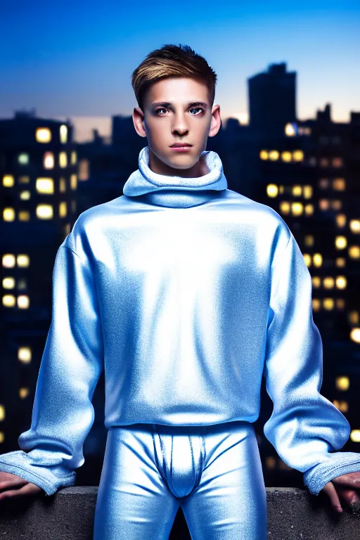 Prompt: un ultra high definition studio quality photographic art portrait of a young man standing on the rooftop of a british apartment building wearing soft baggy padded silver iridescent pearlescent clothing. three point light. extremely detailed. golden ratio, ray tracing, volumetric light, shallow depth of field. set dressed.