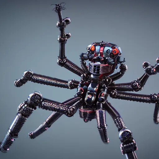 Image similar to mechanical spider robot with eight legs and strings, insane details, sharp focus, octane render