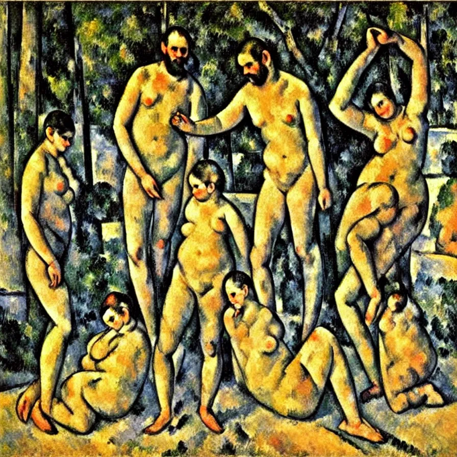 Prompt: the bathers with kangaroo. a oil painting by paul cezanne