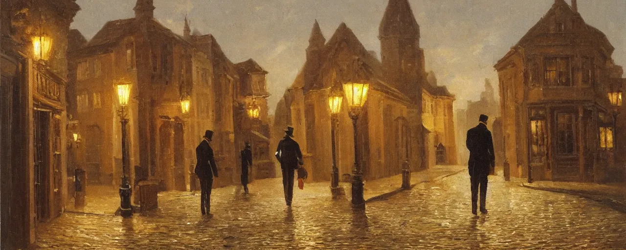 Image similar to oil painting of a Victorian gentleman walking down a cobblestone street, painting , night lot street, oil lamps