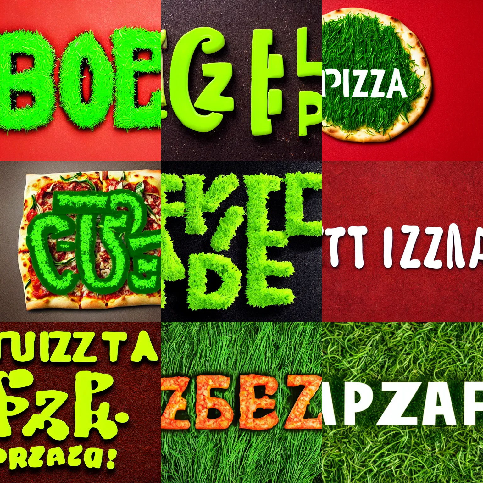 Prompt: text pizza, word pizza, text font that looks like grass spells the word pizza on red background