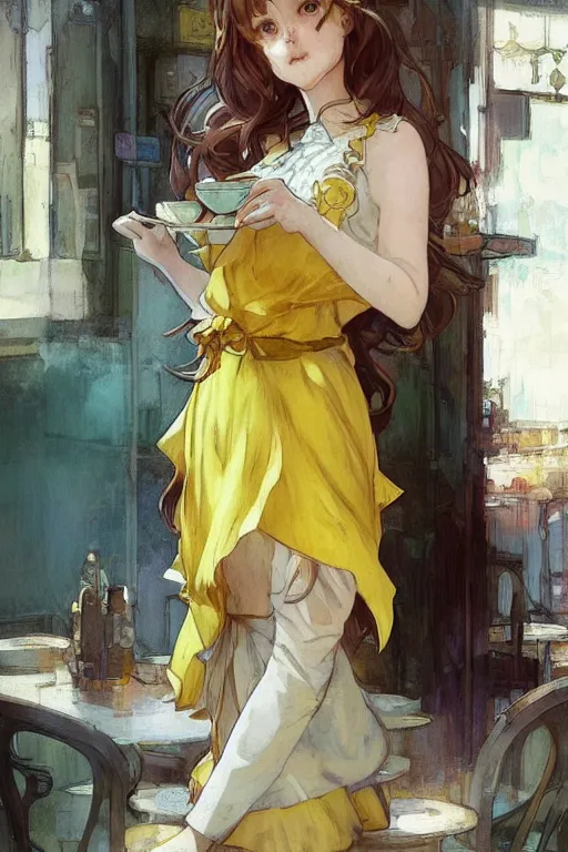 Prompt: A girl in a maid's outfit in a cafe a afternoon, wavy hair yellow theme,S line,45 angel by krenz cushart and mucha and trnyteal and greg rutkowski