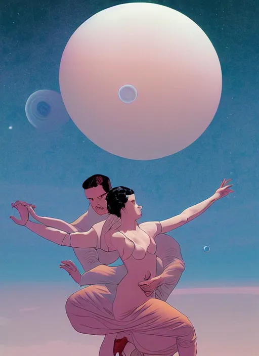 Prompt: poster artwork by michael whelan and tomer hanuka, a portrait of beautiful sensual dancing in the clouds of jupiter, clean